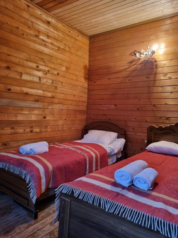 2 łóżka w pokoju z drewnianymi ścianami w obiekcie Lux Apartment Tea w Achalciche