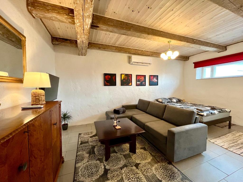 a living room with a couch and a bed at Valgeranna Apartment in Pärnu