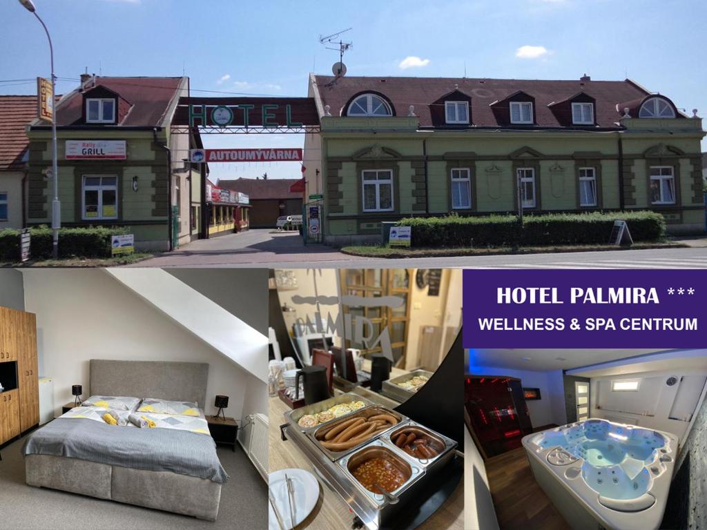 dos fotos de un hotel palma con una cama y un edificio en Hotel & SPA centrum PALMIRA, en Uherský Brod