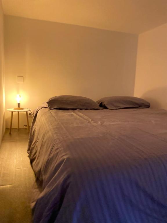 a bed in a room with a lamp on a table at Le Descartes: cosy in the city centre in Poitiers