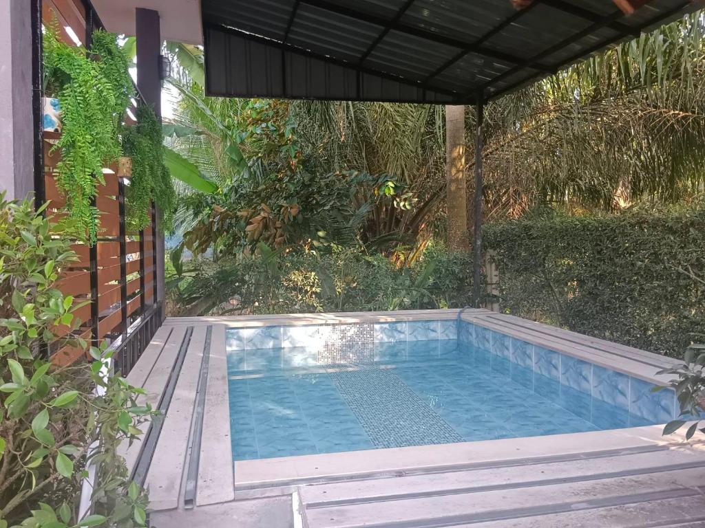 a swimming pool in a backyard with a pergola at Maruay in Suratthani