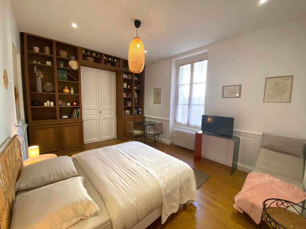 ein Schlafzimmer mit einem großen weißen Bett und einem TV in der Unterkunft Comedy: heart of town facing the NA region in Poitiers