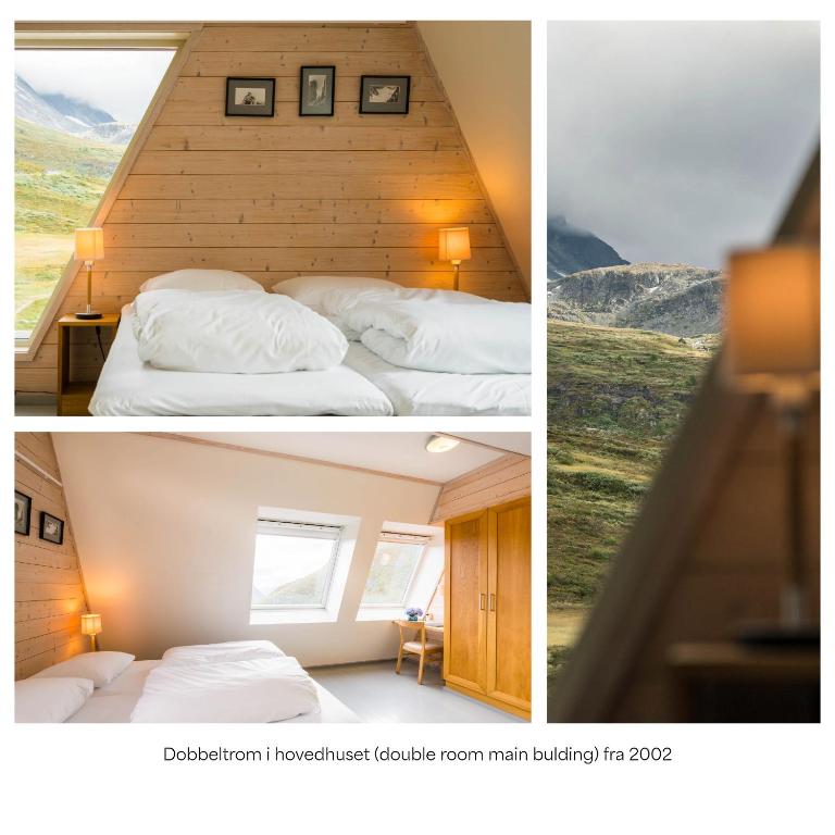 a collage of two pictures of a bed in a room at Turtagrø Hotel in Fortun