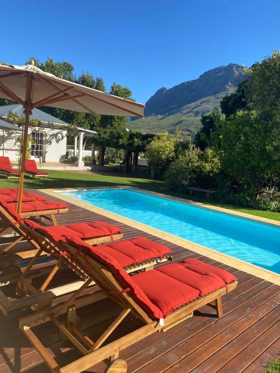 um grupo de cadeiras e um guarda-sol junto a uma piscina em Banhoek Corner Guesthouse em Stellenbosch