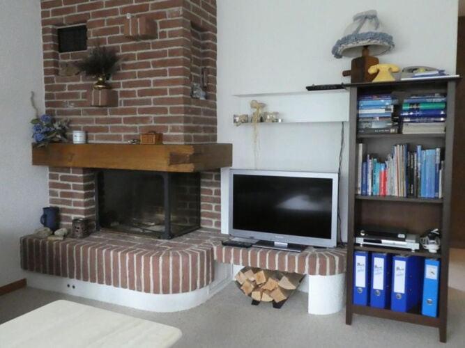 sala de estar con chimenea y TV en Charming apartment in Lenk en Lenk
