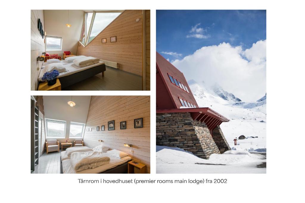 a collage of three pictures of a hotel room with snow at Turtagrø Hotel in Fortun