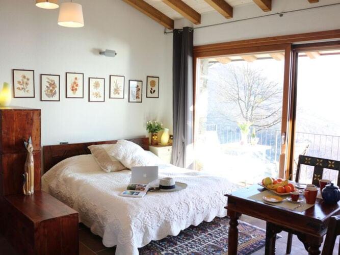 a bedroom with a bed with a laptop on it at Inviting apartment in Maccagno in Maccagno Inferiore
