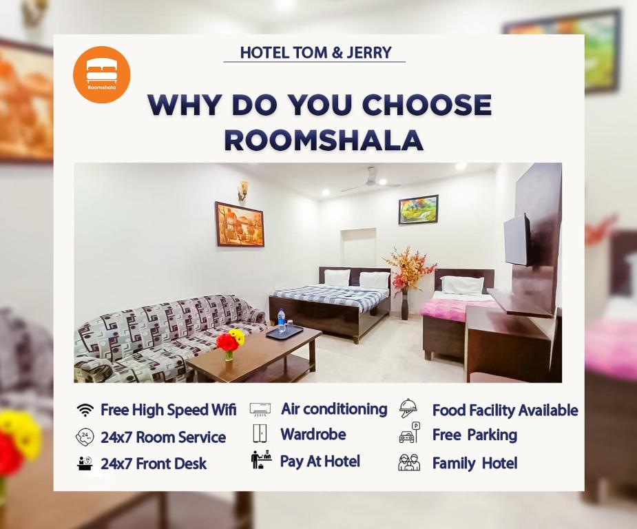 a flyer of a room in a hotel room with a couch and a table at Hotel Tom International - Near Nizamuddin Railway Station in New Delhi