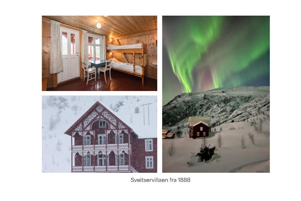 a collage of three pictures of a house with the northern lights at Turtagrø Hotel in Fortun