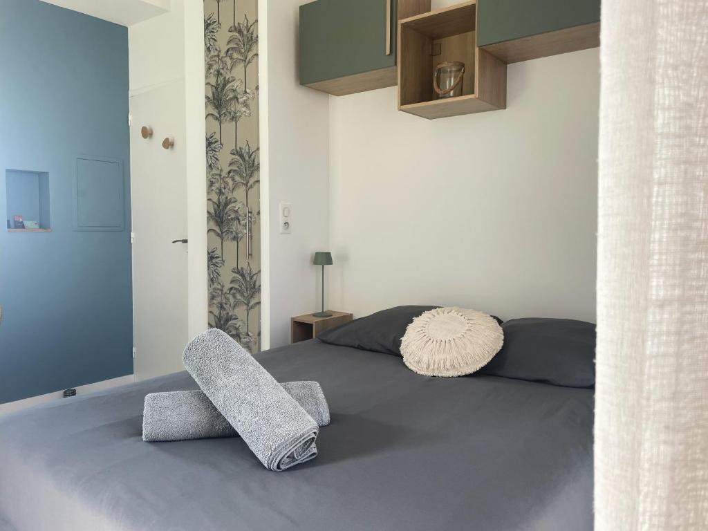 - une chambre avec un lit et 2 oreillers dans l'établissement Studio avec terrasse proche de la mer, à Lancieux