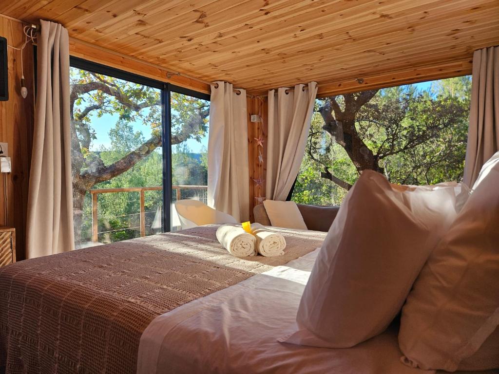 une chambre avec un lit avec une grande fenêtre dans l'établissement Caban'AO, à Saint-Just-et-Vacquières