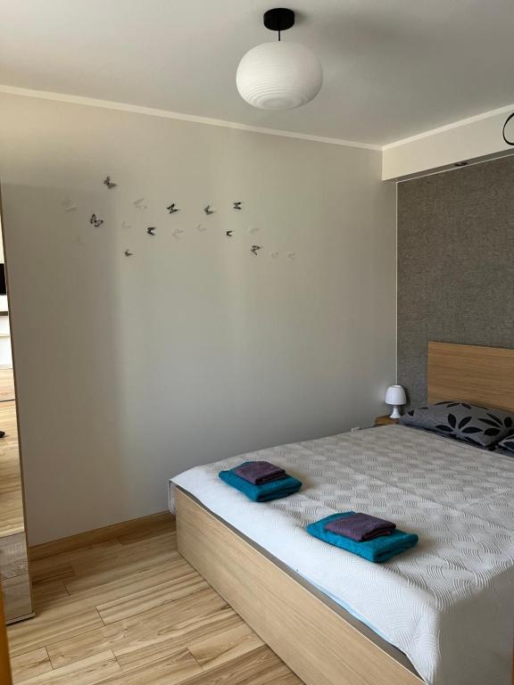 ein Schlafzimmer mit einem Bett mit Vögeln an der Wand in der Unterkunft Baltic Apartament in Liepāja