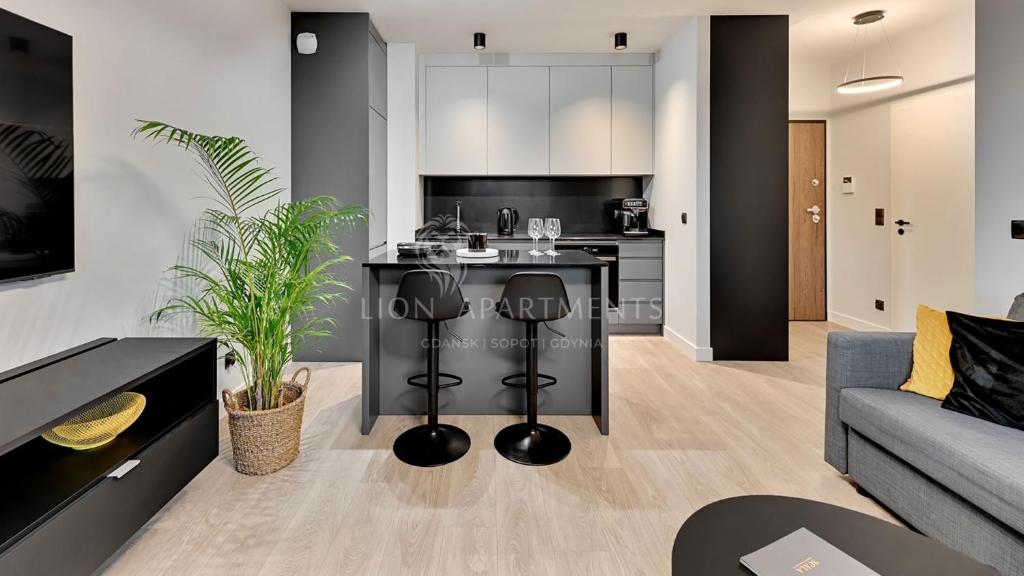 een keuken en een woonkamer met een bank en een tafel bij Lion Apartments - SCALA City Center Apartments&Studio IIIB in Gdańsk