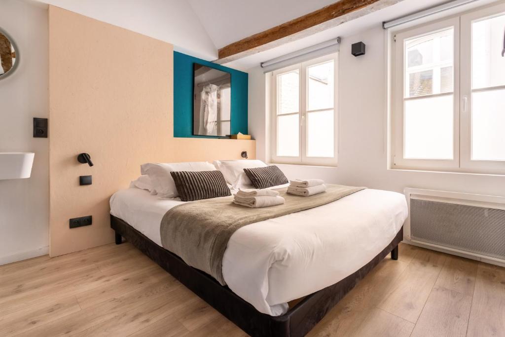 a bedroom with a large bed in a room with windows at Au Chat Qui Dort Lille - Magasin in Lille