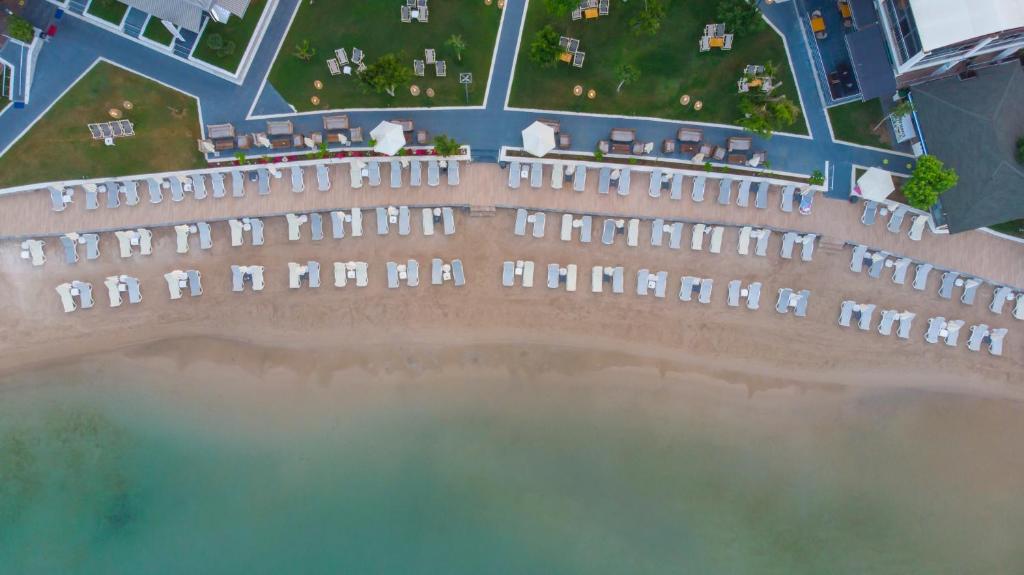 an aerial view of a castle on the beach at Hotel Meri All inclusive in Oludeniz