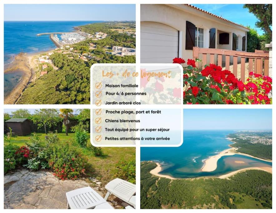 eine Collage mit Fotos von einem Haus und einem Strand in der Unterkunft "NAUSICAA" Maison 6 personnes, 2 chambres, jardin clos, proche plage et forêt, chiens acceptés in Talmont