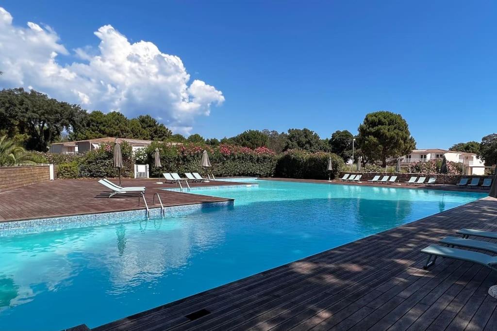 une grande piscine avec de l'eau bleue et des chaises dans l'établissement Bel appartement T3 Cala Rossa proche mer, à Lecci