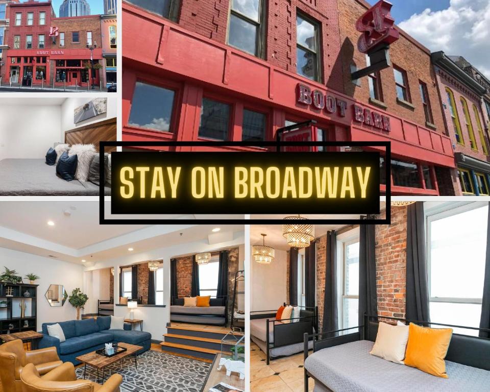 a collage of photos of a building with the words stay on broadway at Loft Literally on Broadway Live Music & Bars in Nashville