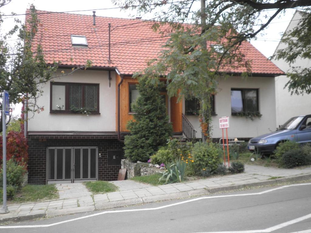 a house with a red roof on a street at Ubytování Foltýn in Pavlov