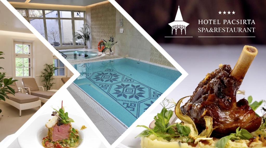 uma colagem de três fotos de comida e uma piscina em Hotel Pacsirta em Sovata