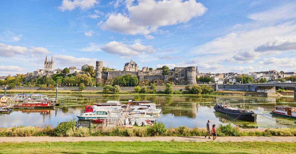 un groupe de bateaux dans une rivière avec une ville en arrière-plan dans l'établissement Le Refuge d'Anjou, à Angers