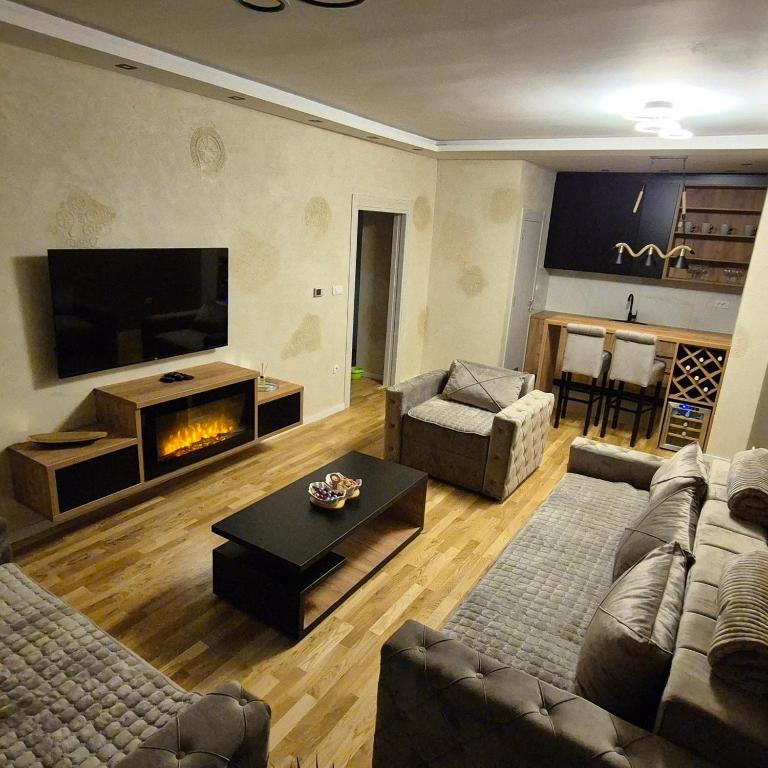 a living room with a couch and a fireplace at PLAY APARTMAN VRSAC in Vršac