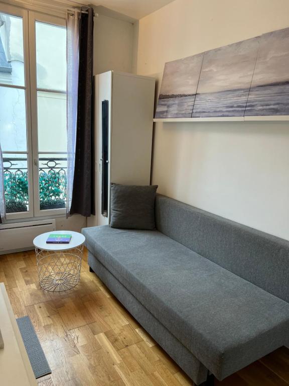 - un salon avec un canapé en face d'une fenêtre dans l'établissement Studio Île Saint-Louis (Cathédrale Notre Dame), à Paris