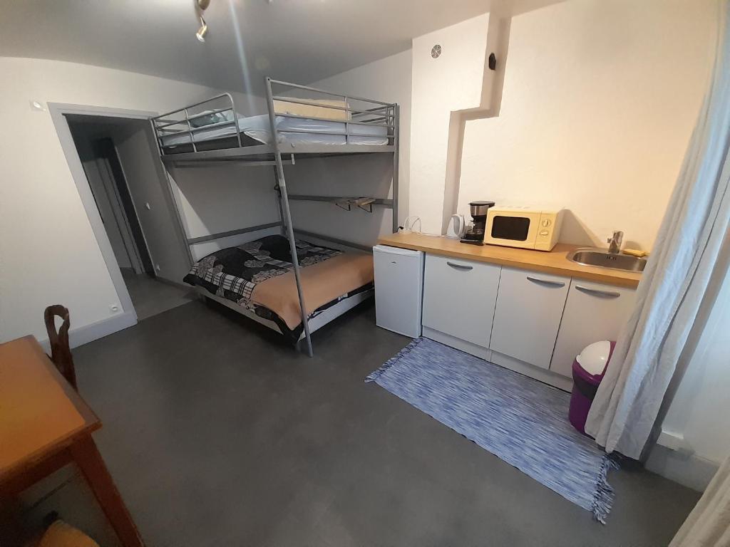 a small room with a bunk bed and a microwave at La Gabare 1 in Thiers