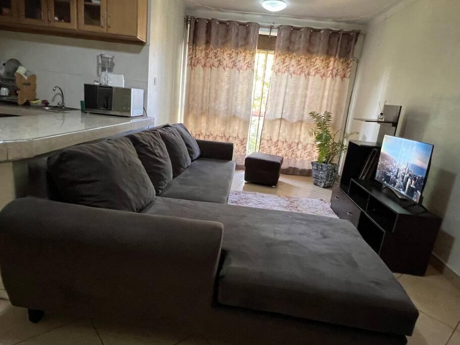 a living room with a gray couch and a kitchen at MD comfort living in Kampala