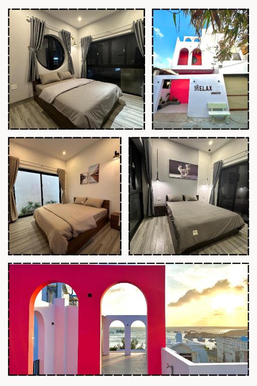 a collage of photos of a hotel room with beds at Relax Homestay - Đảo Phú Quý in Cu Lao Thu
