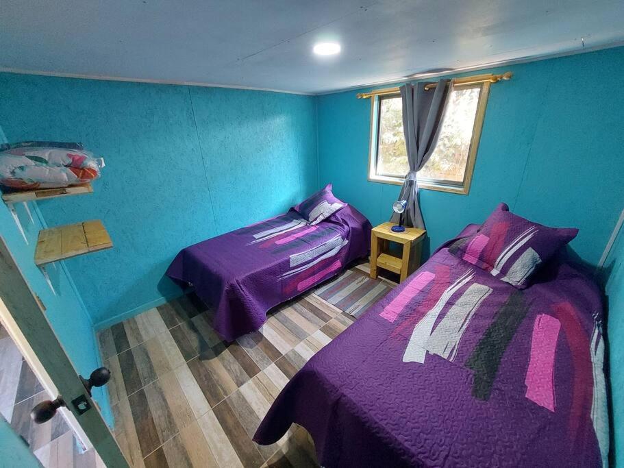 a bedroom with two beds and a blue wall at Cabaña El Aromo in Linares