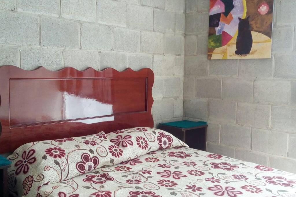 een slaapkamer met een bed met een rood houten hoofdeinde bij Departamento centrico San Juan de Dios in Guadalajara