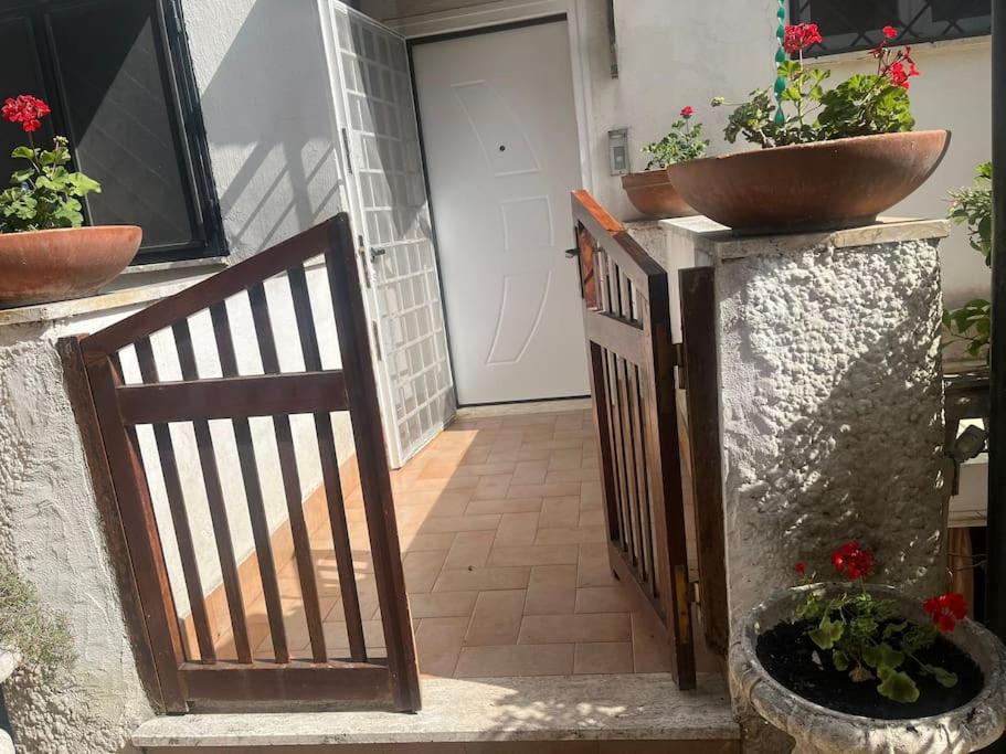 eine Veranda mit Topfpflanzen und einer Holztür in der Unterkunft Appartamento vista mare. in Campo Iemini