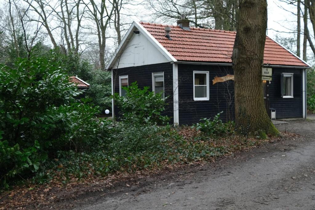 una pequeña casa en blanco y negro con techo rojo en Vakantiehuis De Veldhoen vrijgelegen nabij de rivier de Vecht, en Beerze