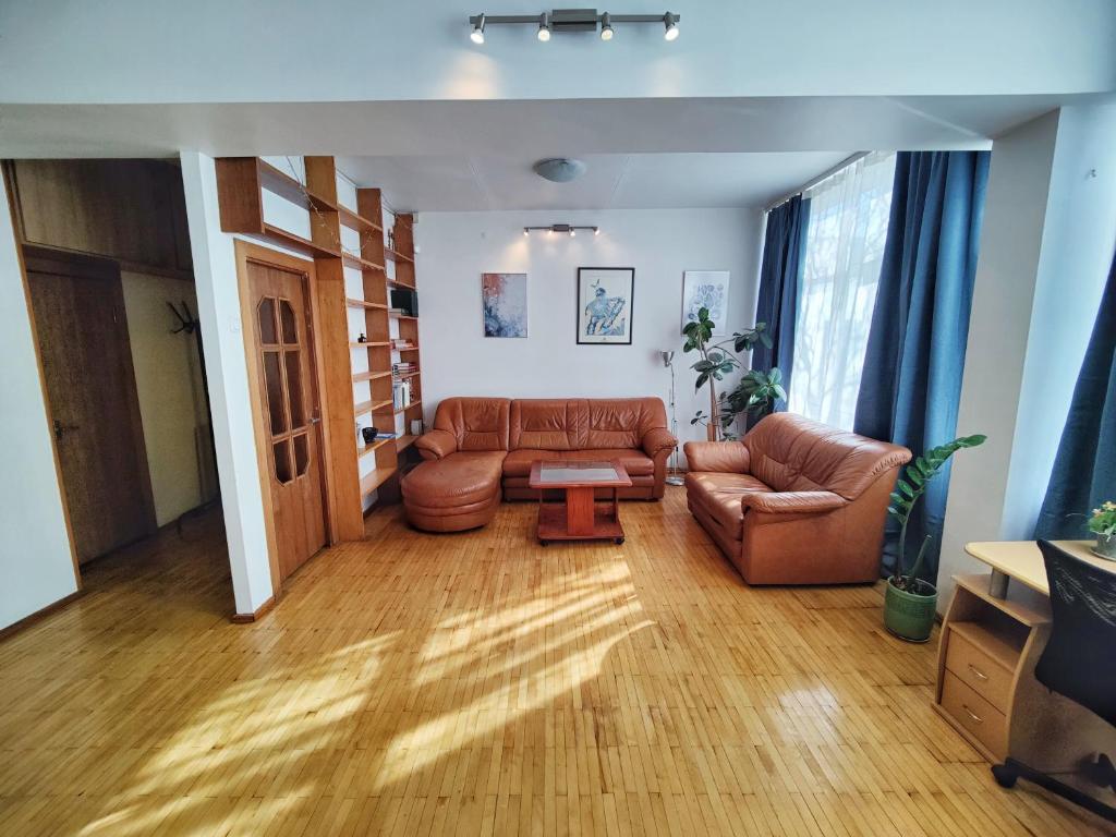 a living room with a couch and a table at Spacious apartment near old town in Vilnius