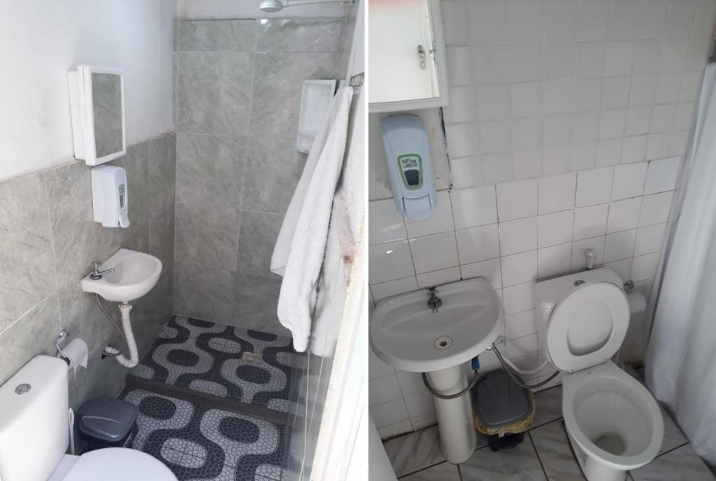 uma casa de banho com um WC, um lavatório e um chuveiro em hostel quintal da sereia em Salvador