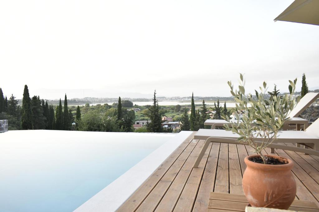 Villa con piscina y jarrón con planta en Corfu View Deluxe, en Perama
