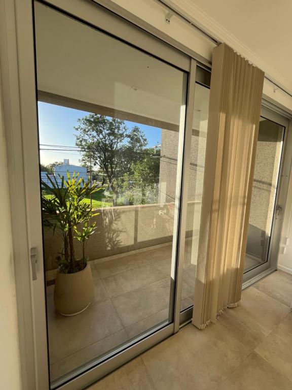 a sliding glass door with a plant on a balcony at TERRA - Departamento 2 in Esperanza