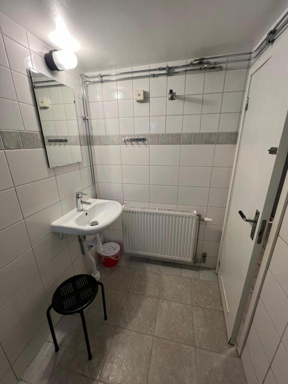 uma casa de banho com um lavatório, um espelho e um chuveiro em Central university - centralt högskolan em Halmstad