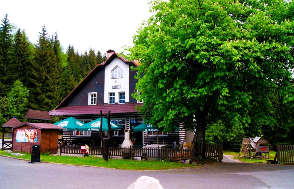 a large house with a tree in front of it at Hotýlek na Mýtě in Harrachov