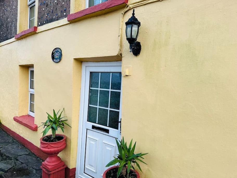 uma casa amarela com uma porta e uma lâmpada e plantas em Hillview House, Cahersiveen em Cahersiveen