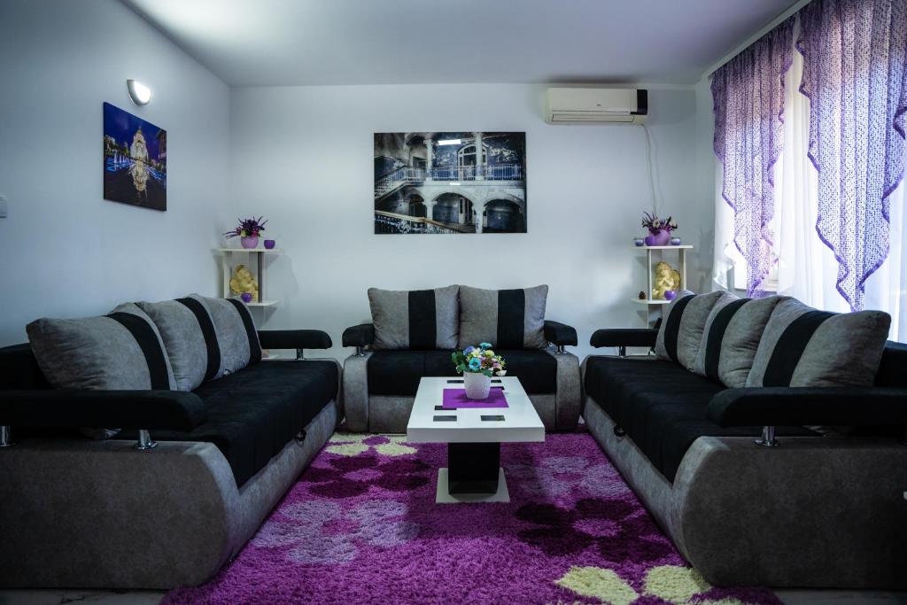 uma sala de estar com sofás e uma mesa em Apartman Albijanić em Sremska Kamenica