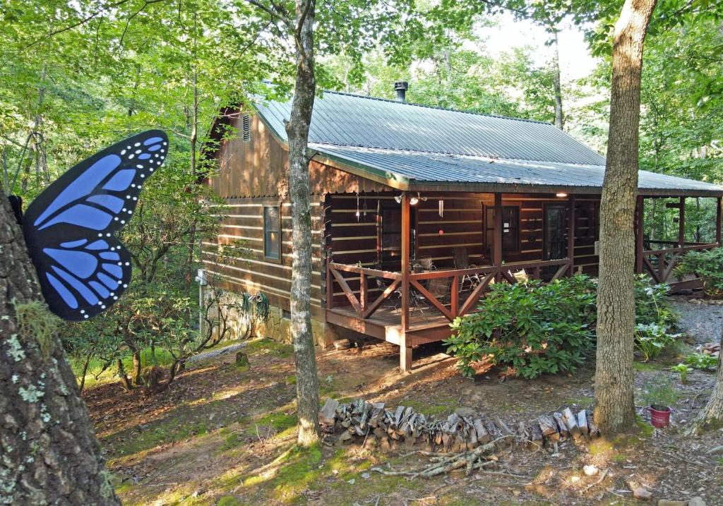 uma grande borboleta está ao lado de uma cabine em Laurel Creek- Blue Ridge em Blue Ridge