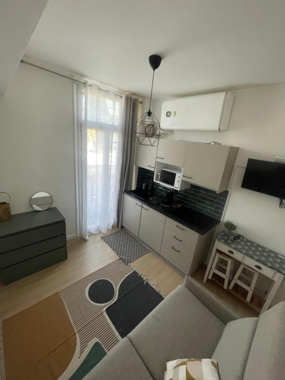 un salon avec un canapé et une cuisine dans l'établissement Cosy studio en face de la gare, à Nice