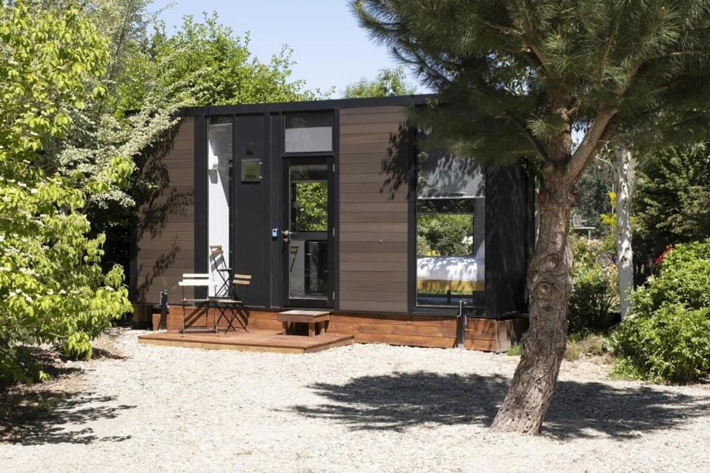 a tiny house on a beach with a tree at Tiny Away Benger Garden 2 in Millers Flat