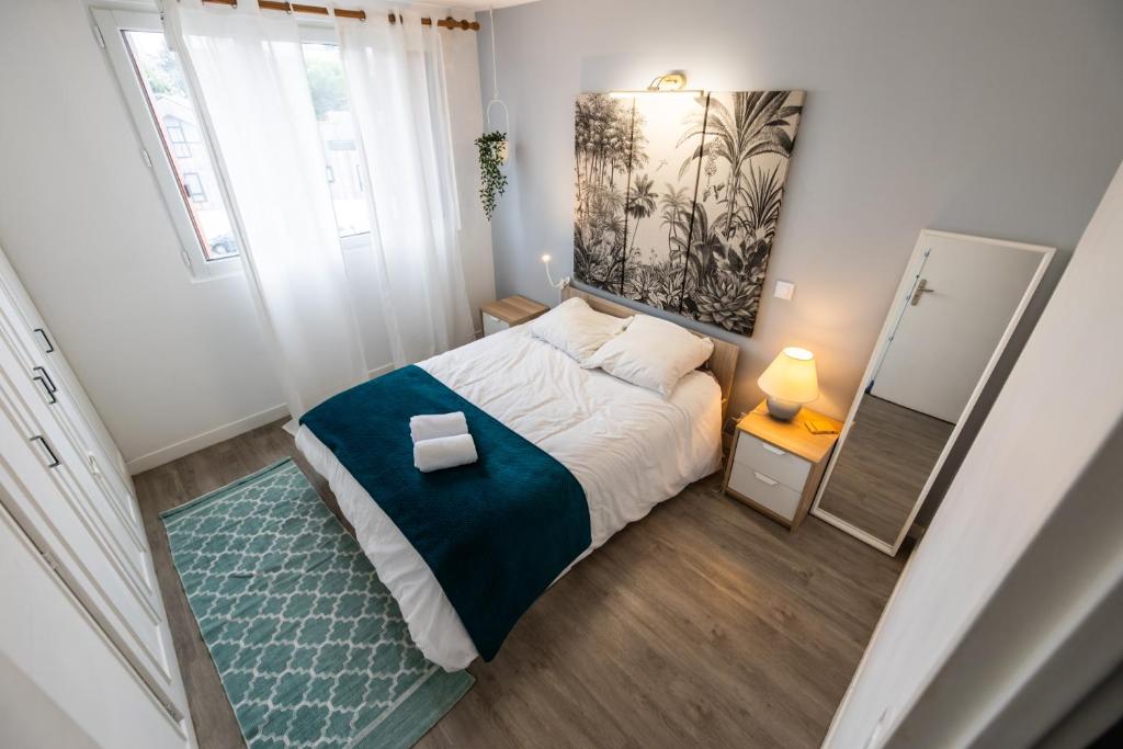 Dormitorio pequeño con cama y espejo en Appartement cosy et lumineux-parking gratuit- proche de Paris en LʼHay-les-Roses