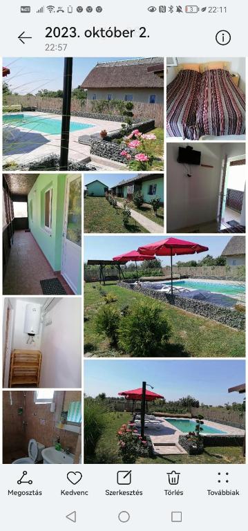 un collage de diferentes fotos de una mesa con sombrilla en Pensiunea Ákos Delta Dunarii, en Gorgova