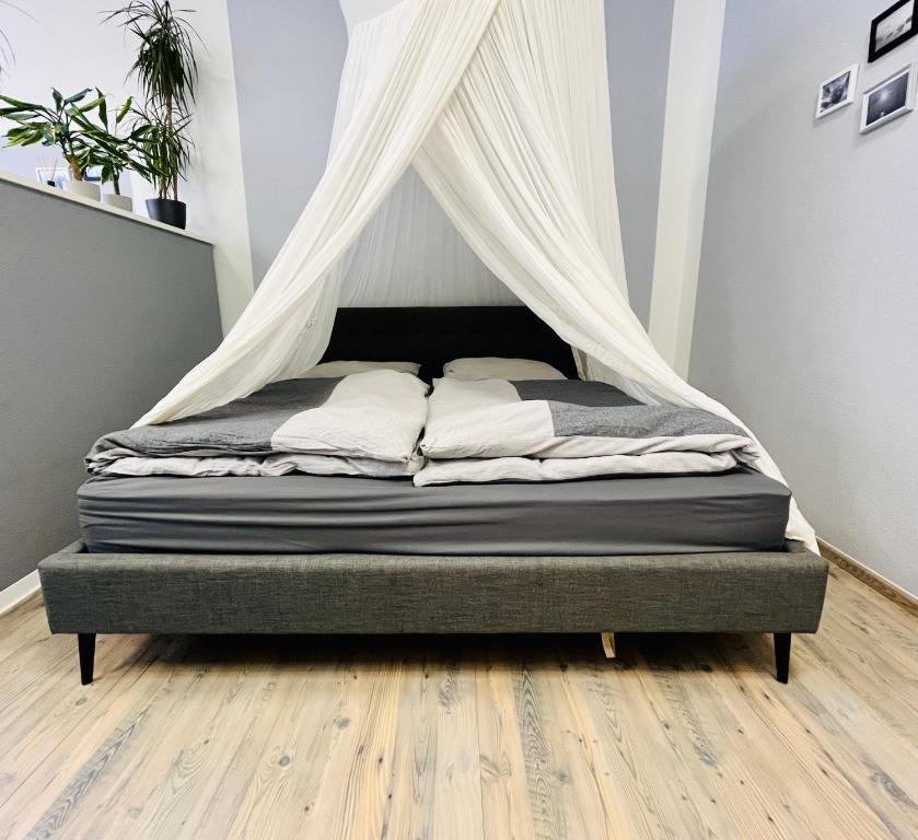 a bed with a canopy in a room at Das Ladenlokal - Gemütlichkeit einkaufen in Arnstadt