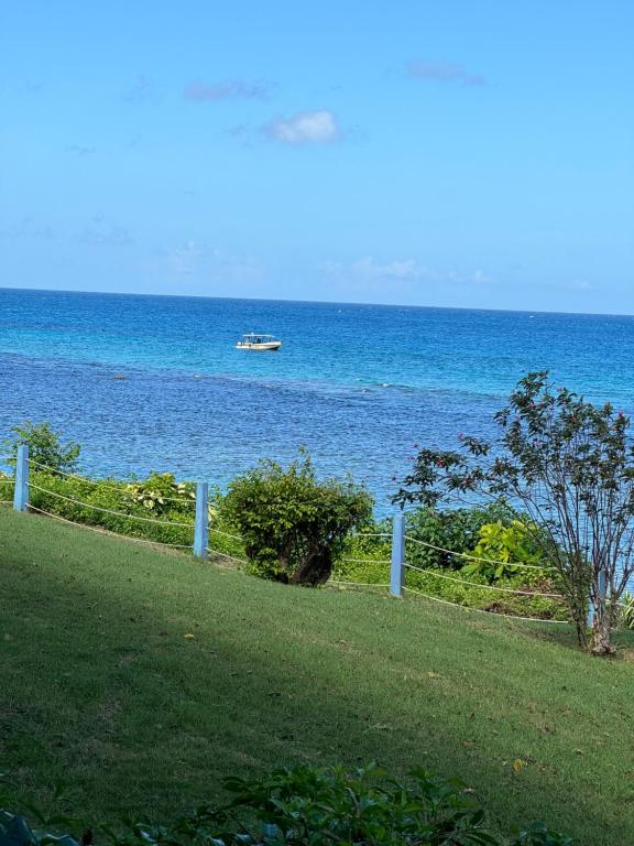 a boat in the ocean with a fence at Carib condo in Ocho Rios