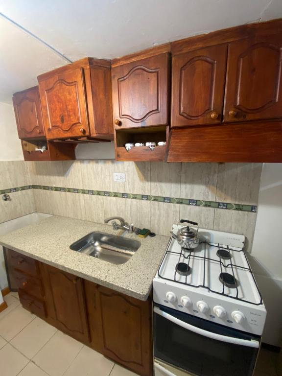 uma cozinha com um fogão e um lavatório em Hermoso Dúplex para 4 personas em Las Heras